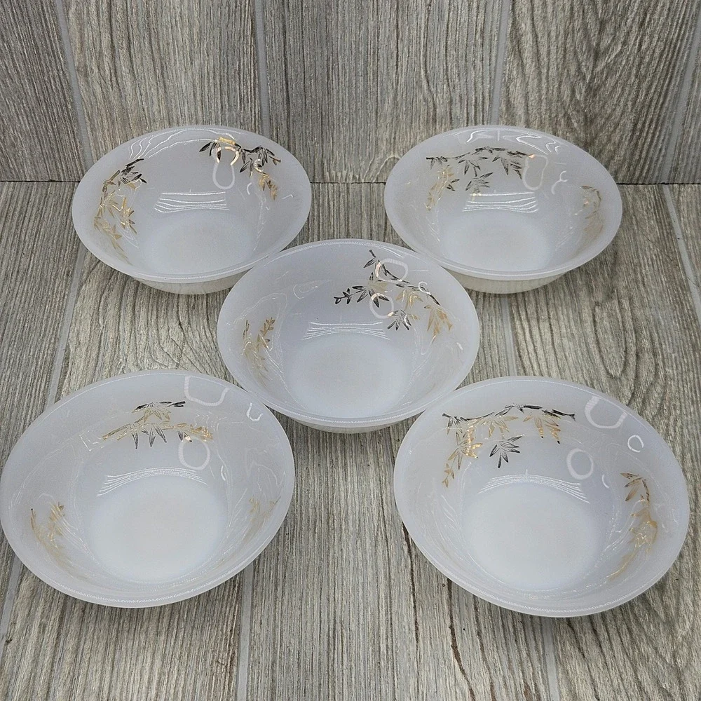 Federal Glass Golden Glory Bamboo Milk Glass Dessert Bowls Set of 5 White Gold